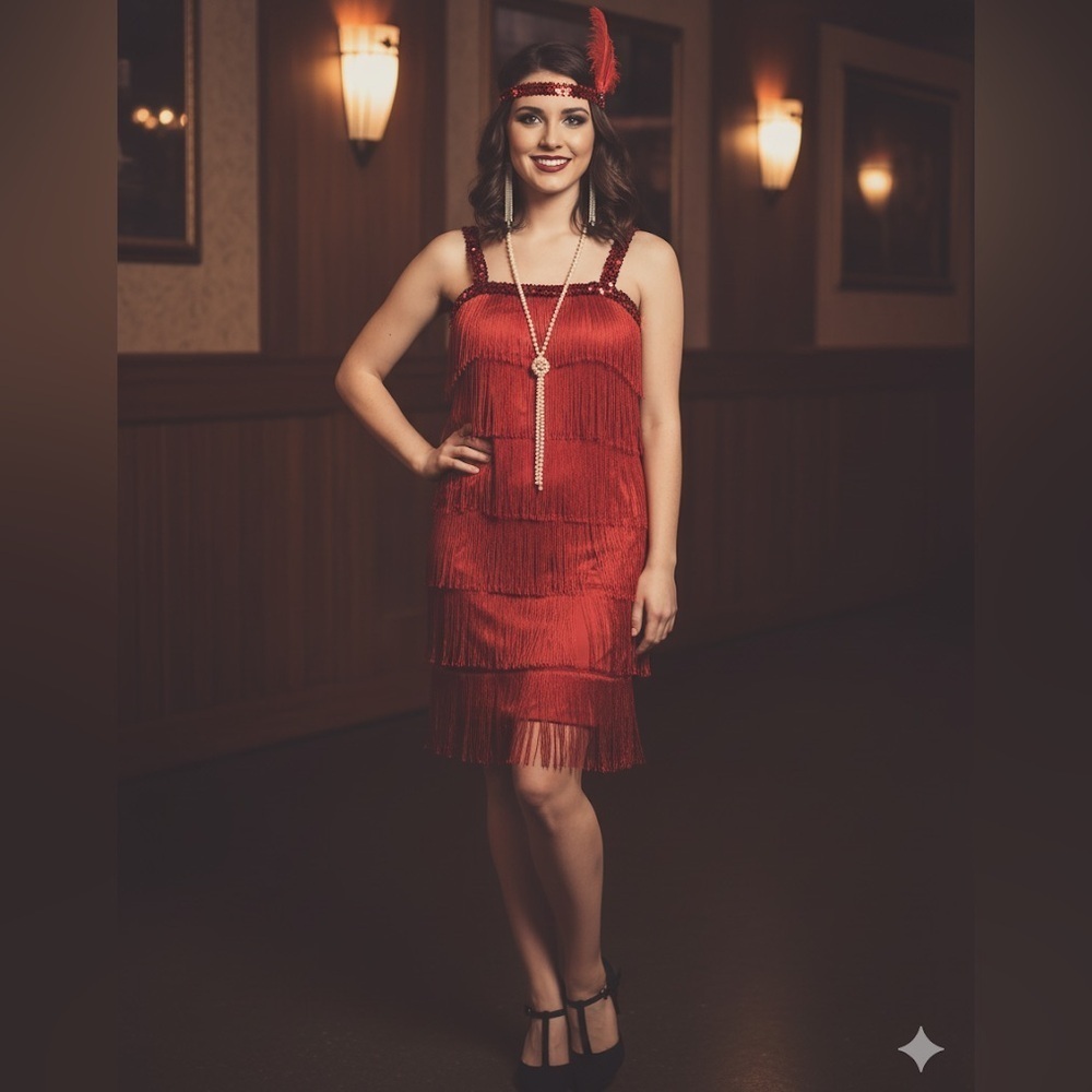 Flapper Costume Red Sequin with Fringe